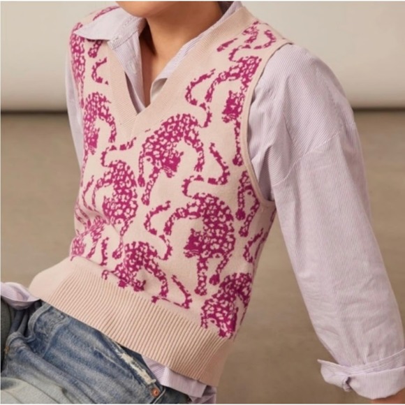 Anthropologie Maeve Vera Cheetah Jacquard Sweater Vest Pink Leopard XL X-LARGE - Picture 2 of 9
